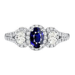 Ovaler Saphir Halo Ring 3 Steine Stil 3,50 Karat Split Shank Aus der Erde Abgebauter Natürlicher Diamanten