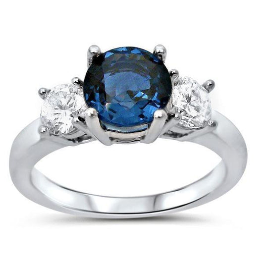 Ovaler Saphir mit 3 Steinen und runden Aus der Erde Abgebauter Natürlicher Diamanten Ring 4 Karat Weißgold 14K