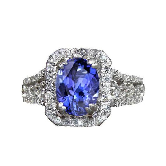 Ovaler Tansanit und runder Pave Aus der Erde Abgebauter Natürlicher Diamanten 5,70 Karat Ring WG 14K