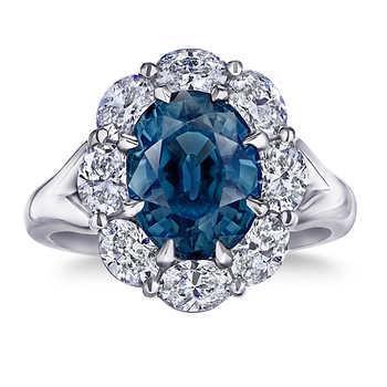 Ovaler blauer Saphir-Halo-Diamant-Hochzeitsring 3,30 ct. Weißgold 14K - harrychadent.de