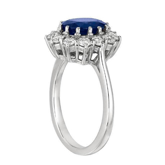 Ovaler blauer Saphir & runde Aus der Erde Abgebauter Natürlicher Diamanten Halo-Ring 6.50 ct. Weißgold 14K
