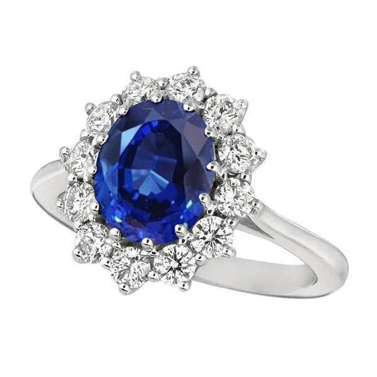 Ovaler blauer Saphir & runde Aus der Erde Abgebauter Natürlicher Diamanten Halo-Ring 6.50 ct. Weißgold 14K