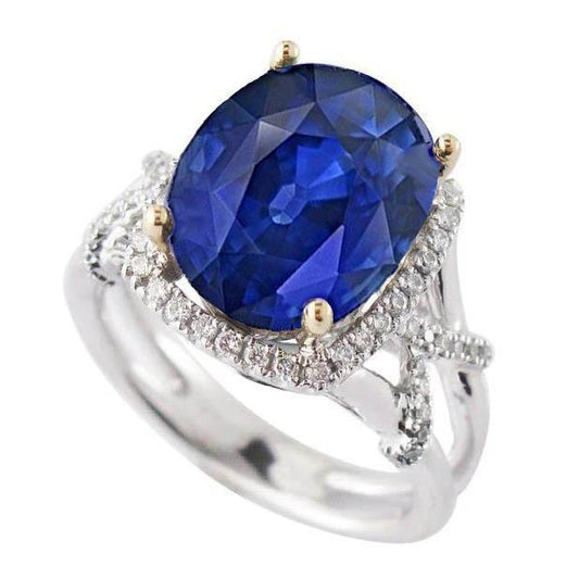 Ovaler blauer Saphir und Diamanten im Rundschliff-Edelsteinring 7.81 Karat