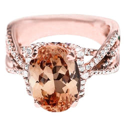 Ovaler und runder 9.25 Kt Morganit mit Aus der Erde Abgebauter Natürlicher Diamanten Ring Gold 14K