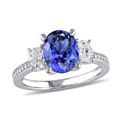 Ovalschliff 4,50 ct. Tansanit mit Aus der Erde Abgebauter Natürlicher Diamanten 3-Stein-Stil-Ring 14K