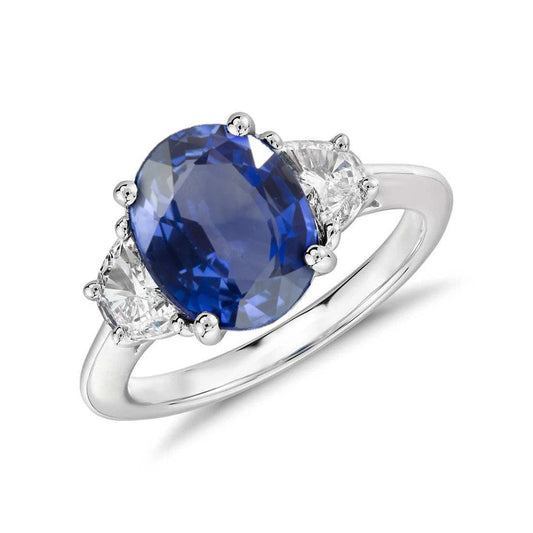 Ovalschliff Sri Lanka Saphir & Aus der Erde Abgebauter Natürlicher Diamant 3 Stein Ring 2 Karat WG 14K