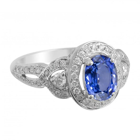 Ovalschliff Sri Lanka Saphir und Aus der Erde Abgebauter Natürlicher Diamant Ring Weißgold 14K 3 Ct