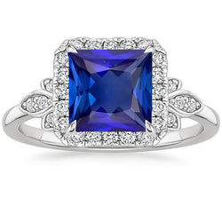 Pave Halo Diamantring mit Princess Blue Sapphire Center 6 Karat Gold