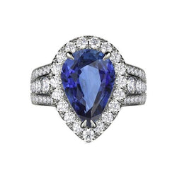Pear Halo Verlobungsring mit blauem Saphir und Aus der Erde Abgebauter Natürlicher Diamanten 3 Karat