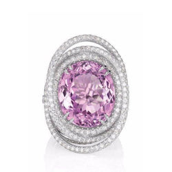 Pink Oval Kunzit Aus der Erde Abgebauter Natürlicher Diamant Fancy Ring 34 Karat Weißgold 14K Schmuck