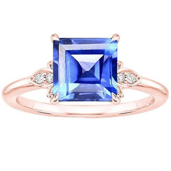 Princess Blue Saphir & Aus der Erde Abgebauter Natürlicher Diamant Ring Krappenset Roségold 3,75 Karat