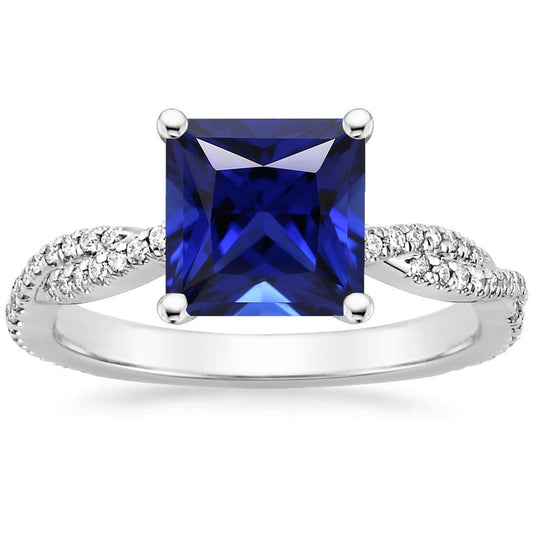 Princess Solitaire Accents Ring Ceylon Saphir & Aus der Erde Abgebauter Natürlicher Diamanten 6 Karat