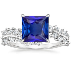 Princess Solitaire Ring Blauer Saphir mit Aus der Erde Abgebauter Natürlicher Diamantakzenten 6 Karat