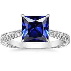 Princess Solitaire Ring Vintage Style Blauer Saphir 5 Karat Weißgold