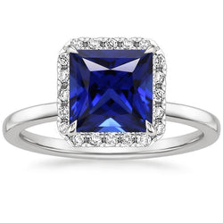 Quadratischer Halo-Aus der Erde Abgebauter Natürlicher Diamantring mit blauem Ceylon-Saphir 5,50 Karat