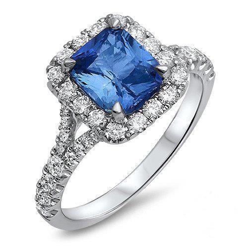Radiant Cut Ceylon Saphir & runder Aus der Erde Abgebauter Natürlicher Diamantring 3 Kt. Weißgold 14K