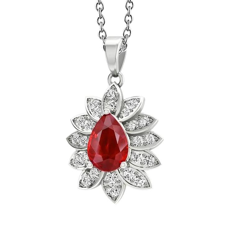 Red Ruby And Diamants Lady Anhänger Halskette 3.75 Karat WG 14K