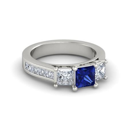 Ring Prinzessinnenschnitt 3.50 ct Ceylon Saphir und Aus der Erde Abgebauter Natürlicher Diamanten Weißgold 14K