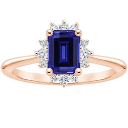 Ring im Blumenstil Ceylon Saphir & Diamant 4 Karat Smaragdschliff