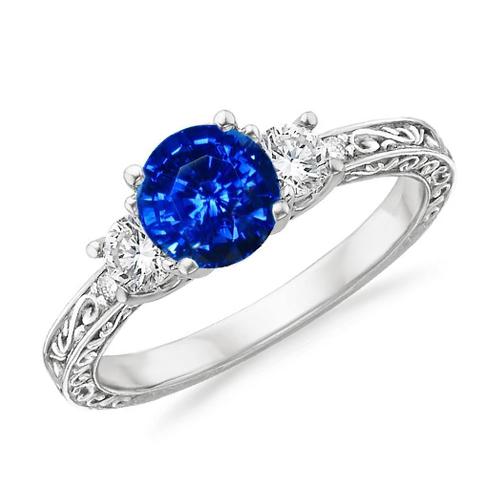 Ring mit 3 Steinen. 2.60 ct. srilankischer Saphir und Aus der Erde Abgebauter Natürlicher Diamanten. WG 14K