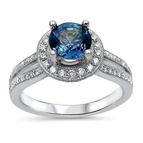 Ring mit 5 Kt Ceylon Saphir und Aus der Erde Abgebauter Natürlicher Diamanten im Rundschliff Weißgold 14K
