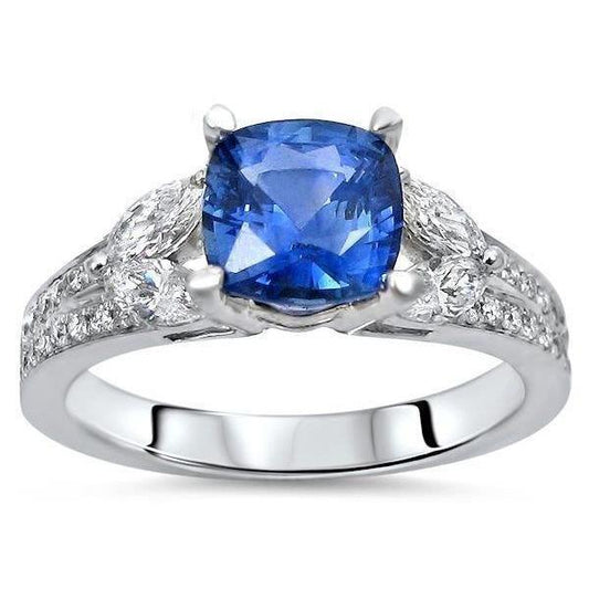 Ring mit blauem Saphir und Aus der Erde Abgebauter Natürlicher Diamanten aus Ceylon 5.10 ct Weißgold 14K