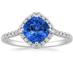 Ring mit blauem Saphir und rundem Diamant im Kissenschliff 3 ct. Weißgold 14K