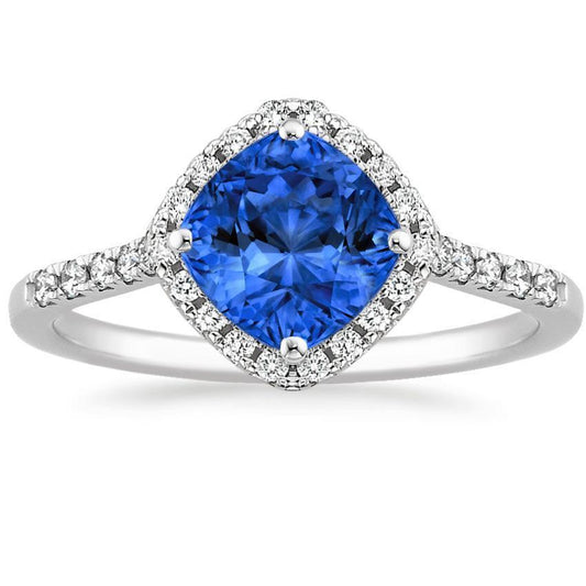 Ring mit blauem Saphir und rundem Aus der Erde Abgebauter Natürlicher Diamant im Kissenschliff 3 ct. Weißgold 14K