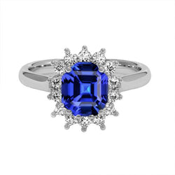 Ring mit rundem Halo-Diamant im Asscher-Schliff, blauer Saphir, 6,50 Karat Gold, 14 Karat