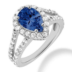 Ring mit srilankischem Saphir und runden Aus der Erde Abgebauter Natürlicher Diamanten im Birnenschliff, 4 Karat