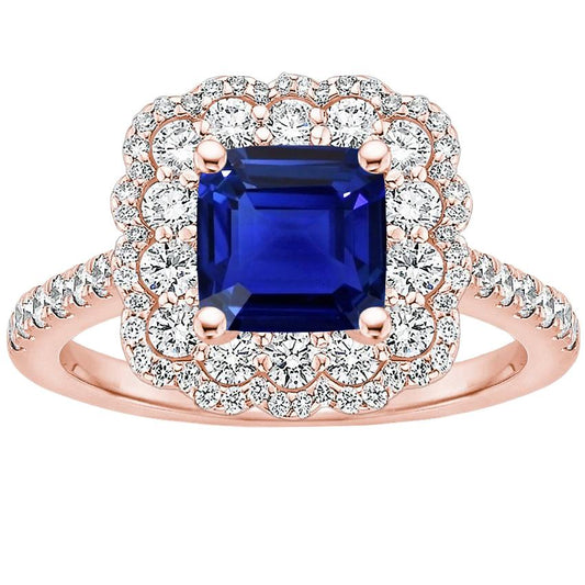 Ringkissen mit Halo-Diamant aus Roségold, blauer Saphir, Zentrum 3.75 Karat - harrychadent.de