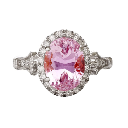 Rosa Kunzit im Ovalschliff mit rundem Halo-Aus der Erde Abgebauter Natürlicher Diamantring 11.50 Karat WG 14K