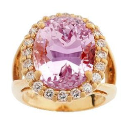 Rosa Ovaler Kunzit mit Aus der Erde Abgebauter Natürlicher Diamant Ehering 25,75 Karat Gelbgold