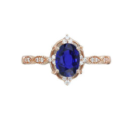 Rose Gold Aus der Erde Abgebauter Natürlicher Diamant Halo Vintage Style Blauer Saphir Ring 3 Karat