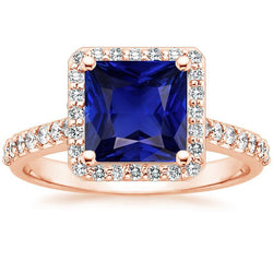 Rose Gold Halo Ring Princess Blue Saphir mit Akzenten 6,25 Karat