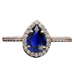 Roségold Halo Blue Saphir Ring Birnenschliff & Aus der Erde Abgebauter Natürlicher Diamant Akzent 3 Karat