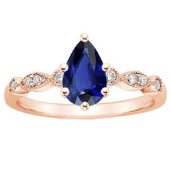 Roségold Saphir Ring Vintage Style Birne & Runde Aus der Erde Abgebauter Natürlicher Diamanten 4 Karat