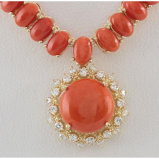 Rote Koralle mit Diamantanhänger Halskette 41 Karat Gelbgold 14K