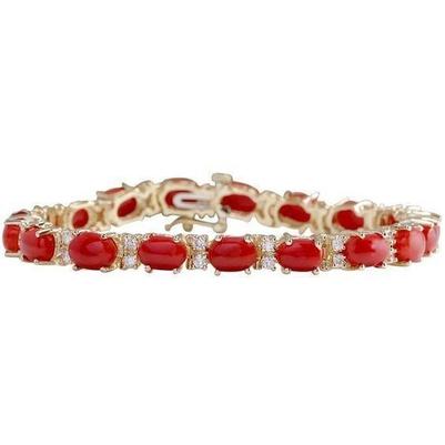 Rote Koralle und Diamanten 15 Kt Armband Gelbgold 14K