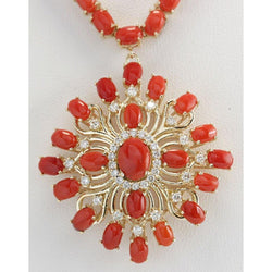 Rote Koralle und Diamanten 73.75 Karat Damen Halskette Gelbgold 14K