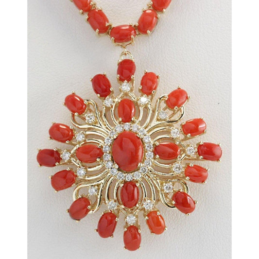 Rote Koralle und Diamanten 73.75 Karat Damen Halskette Gelbgold 14K - harrychadent.de