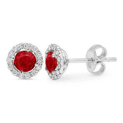 Roter Rubin & Halo Aus der Erde Abgebauter Natürlicher Diamant Ohrstecker im Rundschliff 2.40 ct. Weißgold 14K