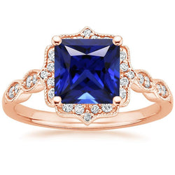 Rotgold Halo Diamantring Milgrain Princess Blauer Saphir 5.50 Karat