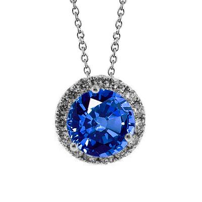 Runde Ceylon Saphir & Aus der Erde Abgebauter Natürlicher Diamant Anhänger Halskette 3.50 Karat WG 14K