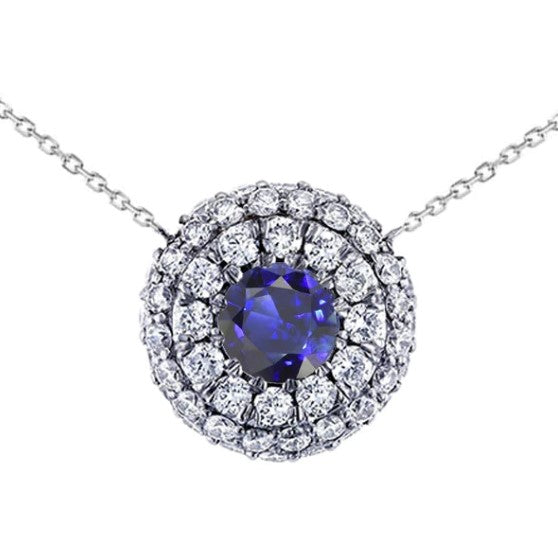 Runde blaue Saphir-Halskette mit doppeltem Diamant-Halo-Anhänger von 4,25 Karat