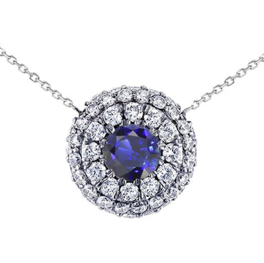 Runde blaue Saphir-Halskette mit doppeltem Diamant-Halo-Anhänger von 4,25 Karat