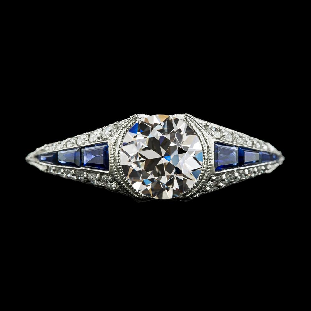 Runder Altschliff Diamant & Blauer Saphir Ring Halbe Lünette Set 3.50 Karat - harrychadent.de