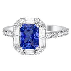 Runder & Baguette Aus der Erde Abgebauter Natürlicher Diamant Halo Ring 3,50 Karat Strahlend geformter Saphir