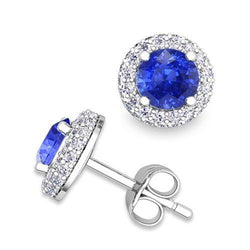 Runder Brillantschliff 4,00 ct Ceylon-Saphir und Aus der Erde Abgebauter Natürlicher Diamant-Ohrstecker Halo