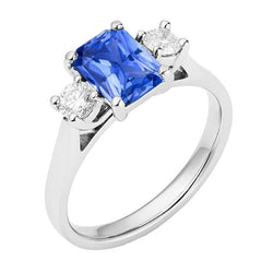 Runder Aus der Erde Abgebauter Natürlicher Diamant 3 Steine Radiant Ceylon Saphir Ring 2,50 Karat